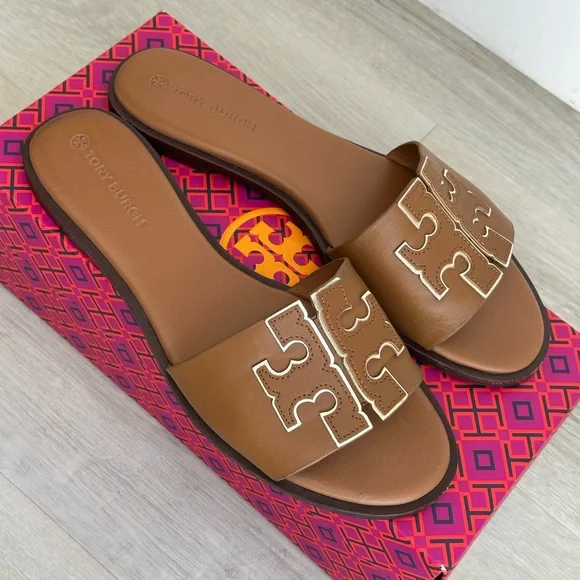 Tory Burch Ines Tan calf leather Slide Sandals with metallic accent - Picture 2 of 3